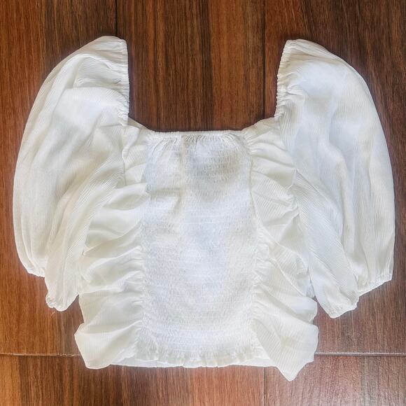 WAYF White Crepe Front Tie Top, Puff Sleeves, Romantic Prairie, Size L, NWT - Picture 3 of 8